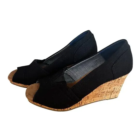 TOMS Black Canvas Peep Toe Cork Wedges NWOB | 7 - Picture 3 of 5